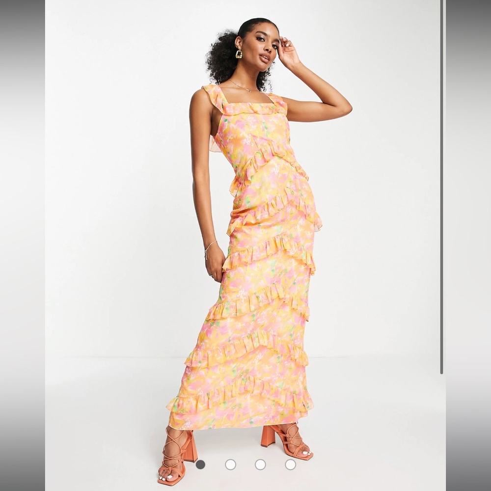 ASOS - Pretty Lavish Cecile ruffle maxi dress in orange and pink abstract floral